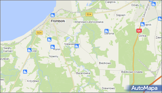 mapa Bogdany gmina Frombork, Bogdany gmina Frombork na mapie Targeo