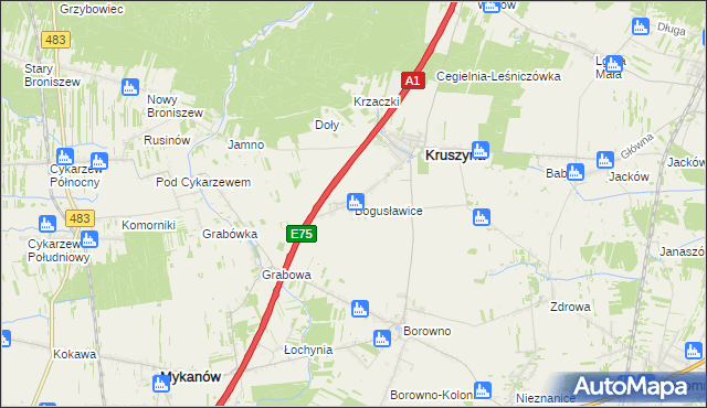 mapa Bogusławice gmina Kruszyna, Bogusławice gmina Kruszyna na mapie Targeo