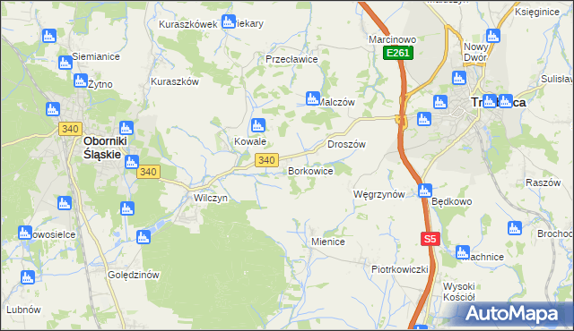 mapa Borkowice gmina Oborniki Śląskie, Borkowice gmina Oborniki Śląskie na mapie Targeo