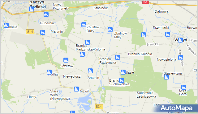 mapa Branica Radzyńska, Branica Radzyńska na mapie Targeo