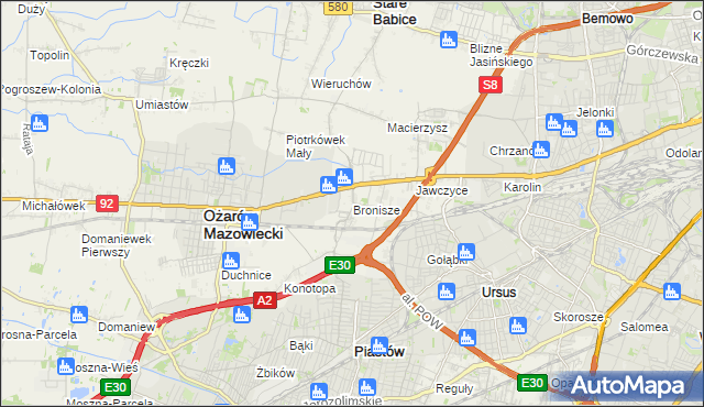 mapa Bronisze gmina Ożarów Mazowiecki, Bronisze gmina Ożarów Mazowiecki na mapie Targeo