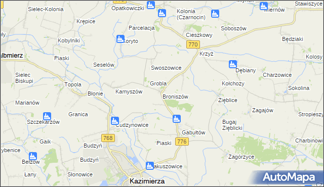 mapa Broniszów gmina Kazimierza Wielka, Broniszów gmina Kazimierza Wielka na mapie Targeo