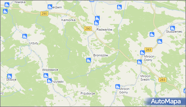 mapa Broniszów gmina Kożuchów, Broniszów gmina Kożuchów na mapie Targeo