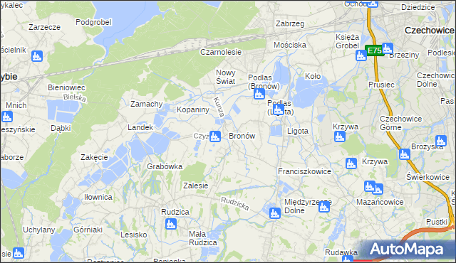 mapa Bronów gmina Czechowice-Dziedzice, Bronów gmina Czechowice-Dziedzice na mapie Targeo