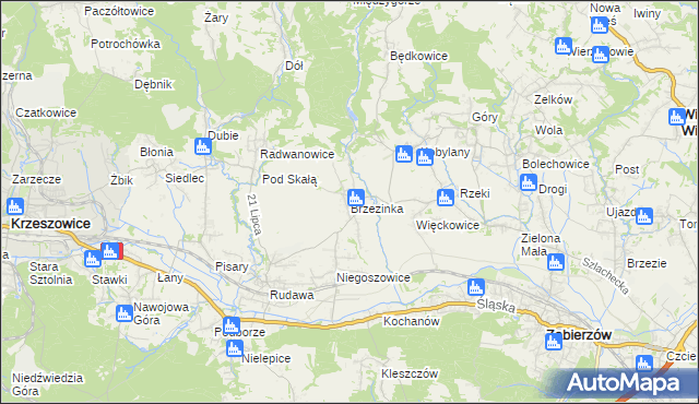 mapa Brzezinka gmina Zabierzów, Brzezinka gmina Zabierzów na mapie Targeo