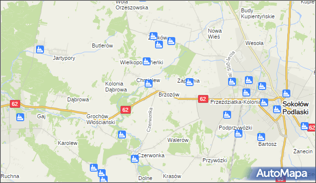 mapa Brzozów gmina Sokołów Podlaski, Brzozów gmina Sokołów Podlaski na mapie Targeo