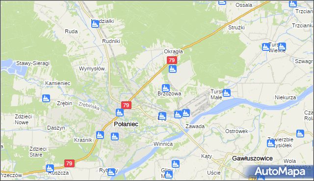 mapa Brzozowa gmina Połaniec, Brzozowa gmina Połaniec na mapie Targeo