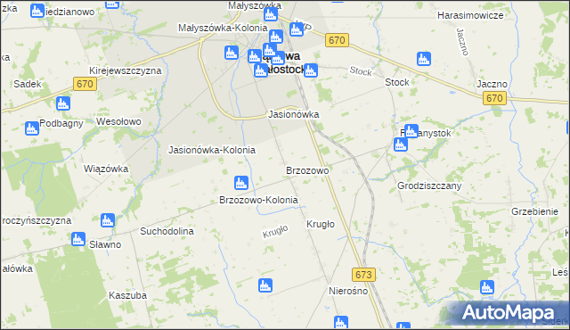 mapa Brzozowo gmina Dąbrowa Białostocka, Brzozowo gmina Dąbrowa Białostocka na mapie Targeo