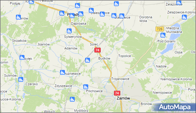 mapa Budków gmina Żarnów, Budków gmina Żarnów na mapie Targeo