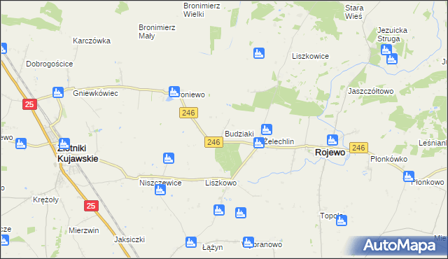 mapa Budziaki gmina Rojewo, Budziaki gmina Rojewo na mapie Targeo