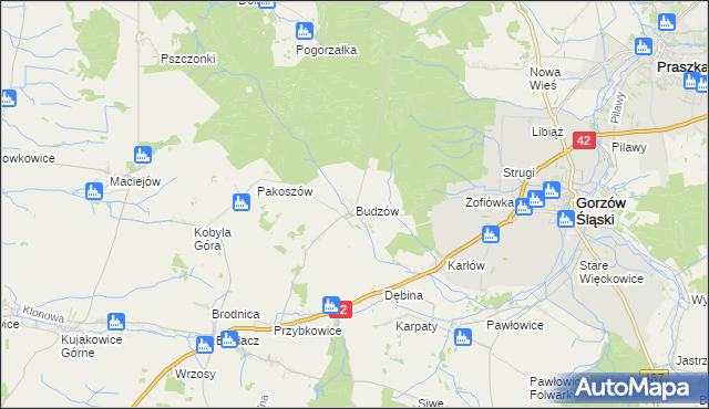 mapa Budzów gmina Gorzów Śląski, Budzów gmina Gorzów Śląski na mapie Targeo