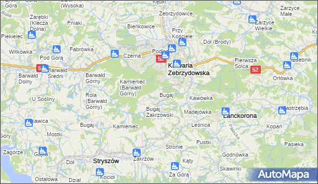 mapa Bugaj gmina Kalwaria Zebrzydowska, Bugaj gmina Kalwaria Zebrzydowska na mapie Targeo