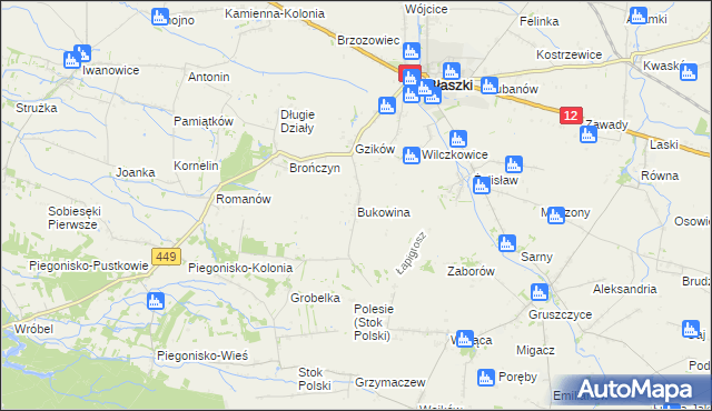 mapa Bukowina gmina Błaszki, Bukowina gmina Błaszki na mapie Targeo
