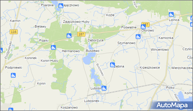 mapa Buszewko gmina Pniewy, Buszewko gmina Pniewy na mapie Targeo