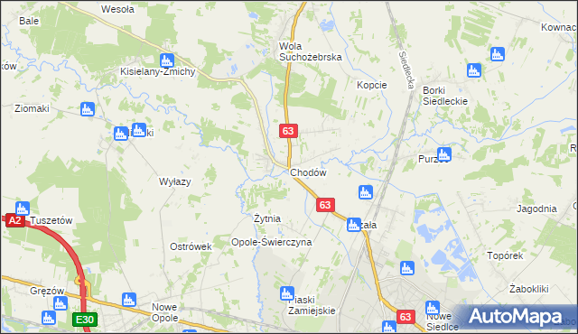 mapa Chodów gmina Siedlce, Chodów gmina Siedlce na mapie Targeo