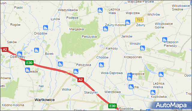 mapa Chodów gmina Wartkowice, Chodów gmina Wartkowice na mapie Targeo
