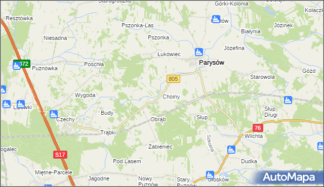 mapa Choiny gmina Parysów, Choiny gmina Parysów na mapie Targeo