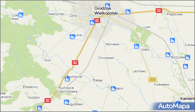 mapa Chrustowo gmina Grodzisk Wielkopolski, Chrustowo gmina Grodzisk Wielkopolski na mapie Targeo