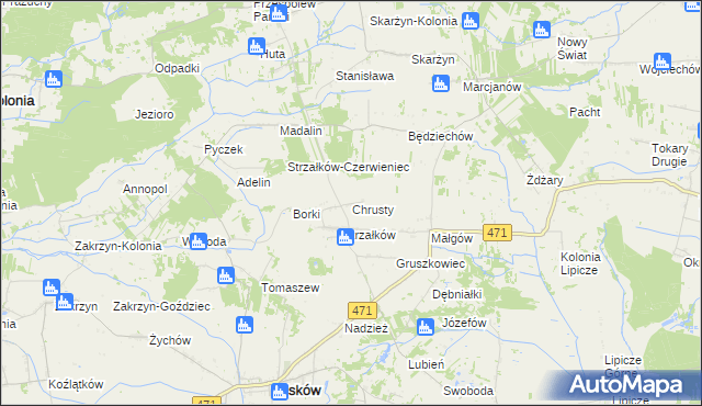 mapa Chrusty gmina Lisków, Chrusty gmina Lisków na mapie Targeo