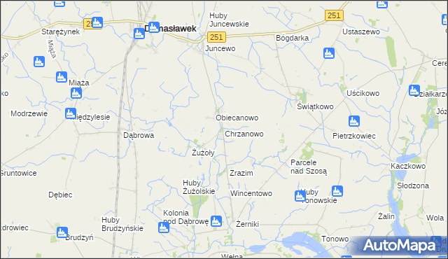 mapa Chrzanowo gmina Janowiec Wielkopolski, Chrzanowo gmina Janowiec Wielkopolski na mapie Targeo