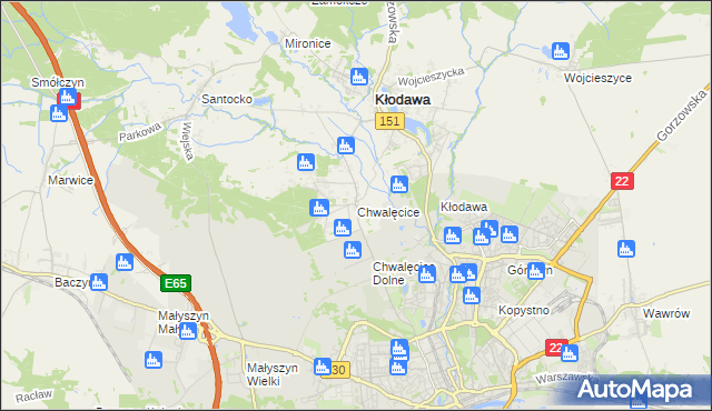 mapa Chwalęcice gmina Kłodawa, Chwalęcice gmina Kłodawa na mapie Targeo