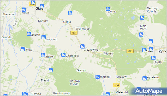 mapa Ciężkowice gmina Gidle, Ciężkowice gmina Gidle na mapie Targeo