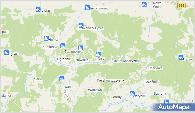 mapa Cisy gmina Narew, Cisy gmina Narew na mapie Targeo
