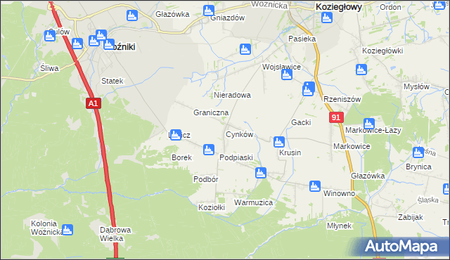 mapa Cynków gmina Koziegłowy, Cynków gmina Koziegłowy na mapie Targeo