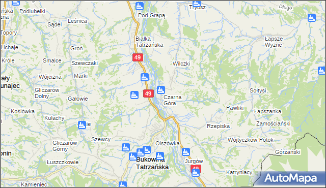 mapa Czarna Góra gmina Bukowina Tatrzańska, Czarna Góra gmina Bukowina Tatrzańska na mapie Targeo