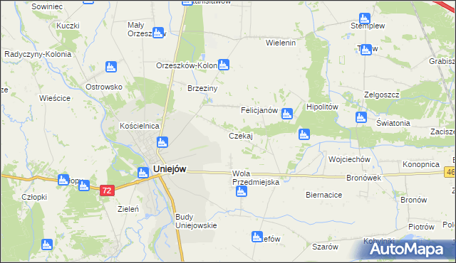 mapa Czekaj gmina Uniejów, Czekaj gmina Uniejów na mapie Targeo