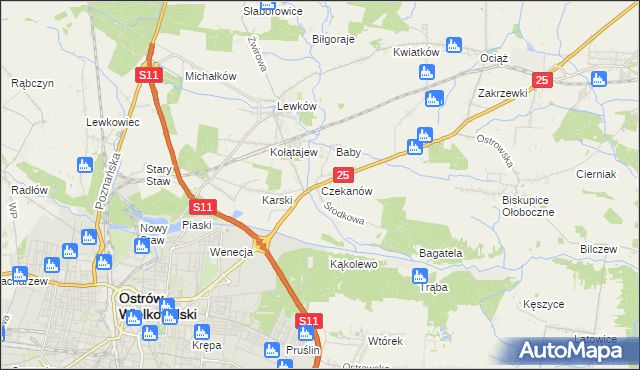 mapa Czekanów gmina Ostrów Wielkopolski, Czekanów gmina Ostrów Wielkopolski na mapie Targeo