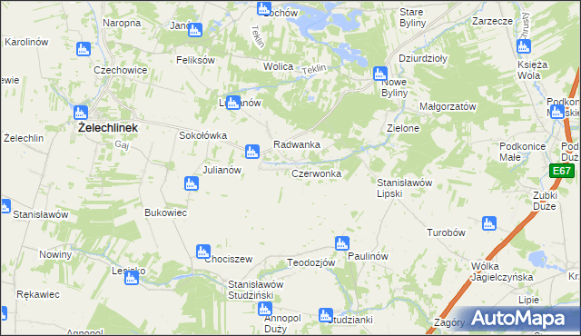 mapa Czerwonka gmina Żelechlinek, Czerwonka gmina Żelechlinek na mapie Targeo