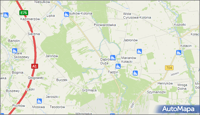 mapa Dąbrówka Duża gmina Brzeziny, Dąbrówka Duża gmina Brzeziny na mapie Targeo