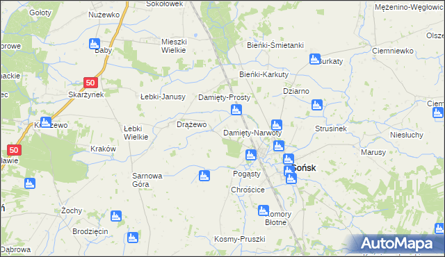 mapa Damięty-Narwoty, Damięty-Narwoty na mapie Targeo