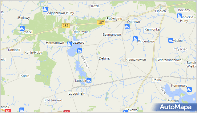 mapa Dębina gmina Pniewy, Dębina gmina Pniewy na mapie Targeo