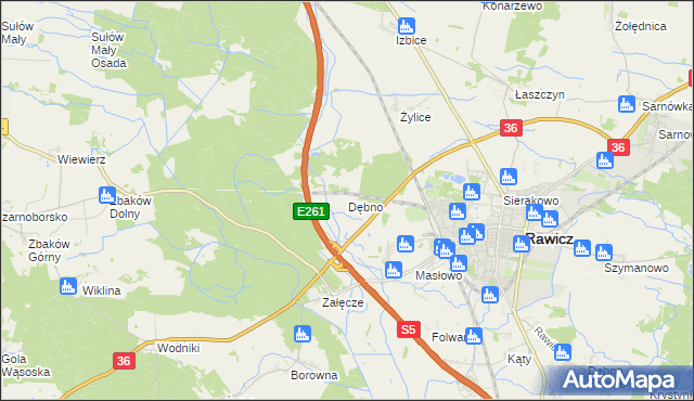 mapa Dębno gmina Rawicz, Dębno gmina Rawicz na mapie Targeo