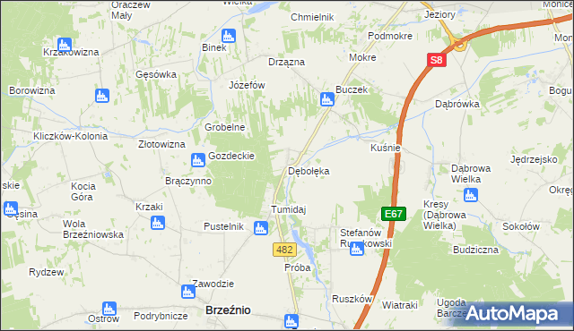 mapa Dębołęka gmina Brzeźnio, Dębołęka gmina Brzeźnio na mapie Targeo