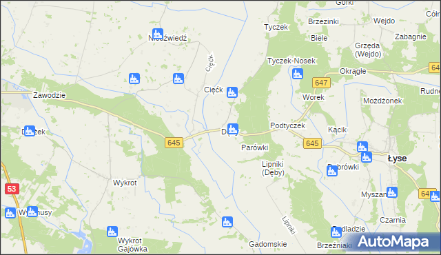 mapa Dęby gmina Łyse, Dęby gmina Łyse na mapie Targeo