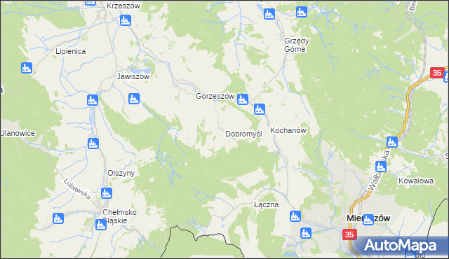 mapa Dobromyśl gmina Kamienna Góra, Dobromyśl gmina Kamienna Góra na mapie Targeo
