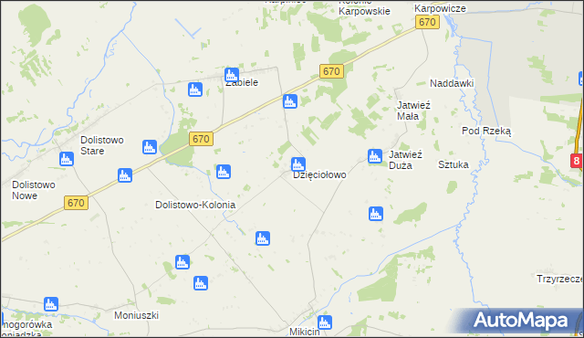 mapa Dzięciołowo gmina Jaświły, Dzięciołowo gmina Jaświły na mapie Targeo