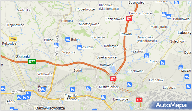 mapa Dziekanowice gmina Zielonki, Dziekanowice gmina Zielonki na mapie Targeo