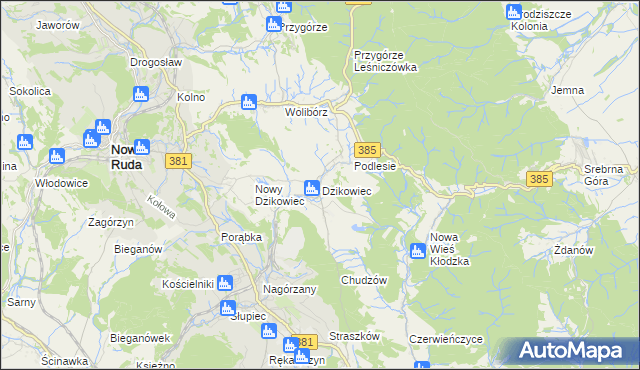 mapa Dzikowiec gmina Nowa Ruda, Dzikowiec gmina Nowa Ruda na mapie Targeo