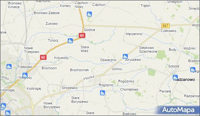 mapa Dźwierzno gmina Radzanowo, Dźwierzno gmina Radzanowo na mapie Targeo