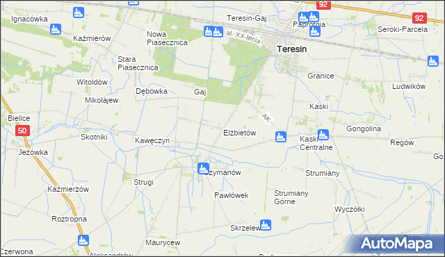 mapa Elżbietów gmina Teresin, Elżbietów gmina Teresin na mapie Targeo