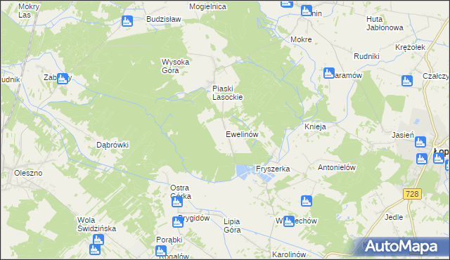 mapa Ewelinów gmina Łopuszno, Ewelinów gmina Łopuszno na mapie Targeo