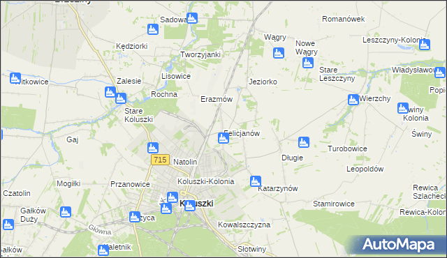 mapa Felicjanów gmina Koluszki, Felicjanów gmina Koluszki na mapie Targeo