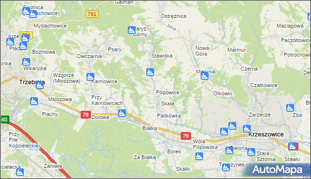 mapa Filipowice gmina Krzeszowice, Filipowice gmina Krzeszowice na mapie Targeo