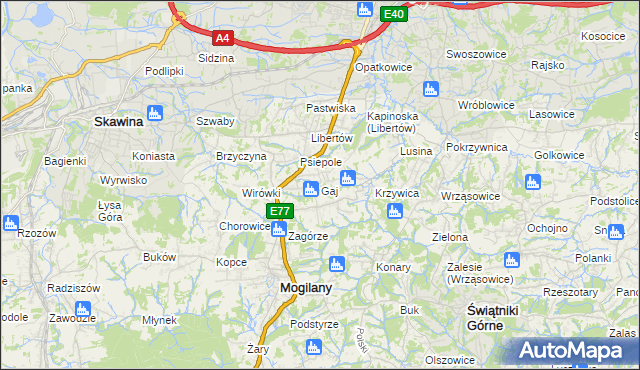mapa Gaj gmina Mogilany, Gaj gmina Mogilany na mapie Targeo