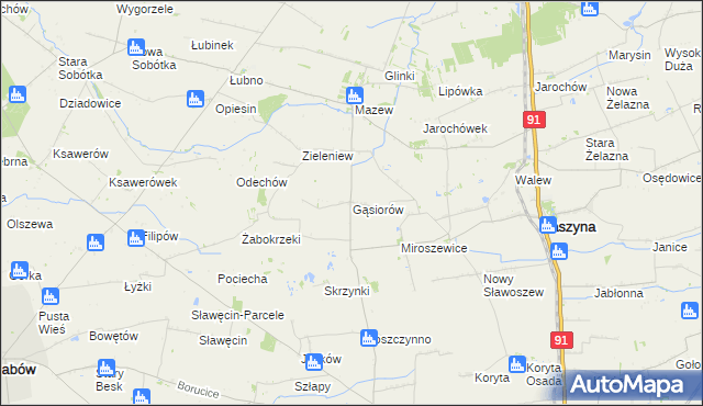 mapa Gąsiorów gmina Daszyna, Gąsiorów gmina Daszyna na mapie Targeo