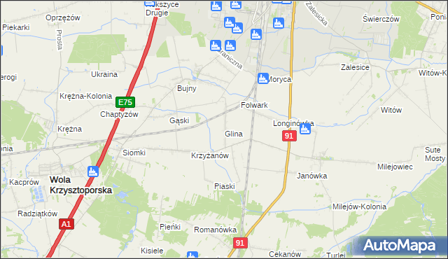 mapa Glina gmina Wola Krzysztoporska, Glina gmina Wola Krzysztoporska na mapie Targeo